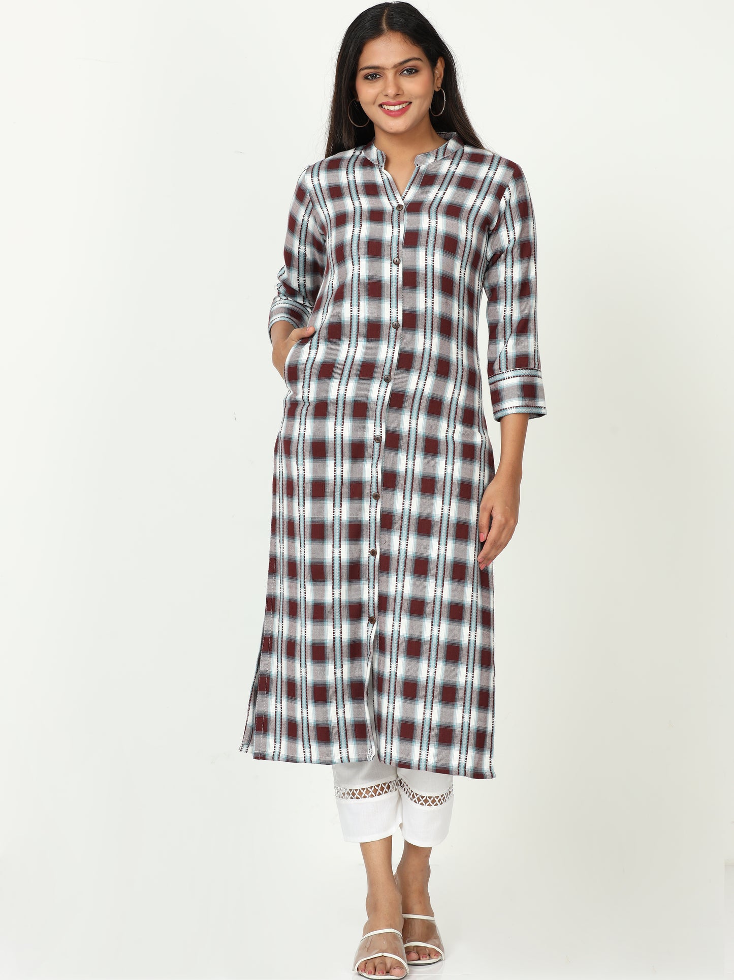 Cotton Woven Checks Long Kurta