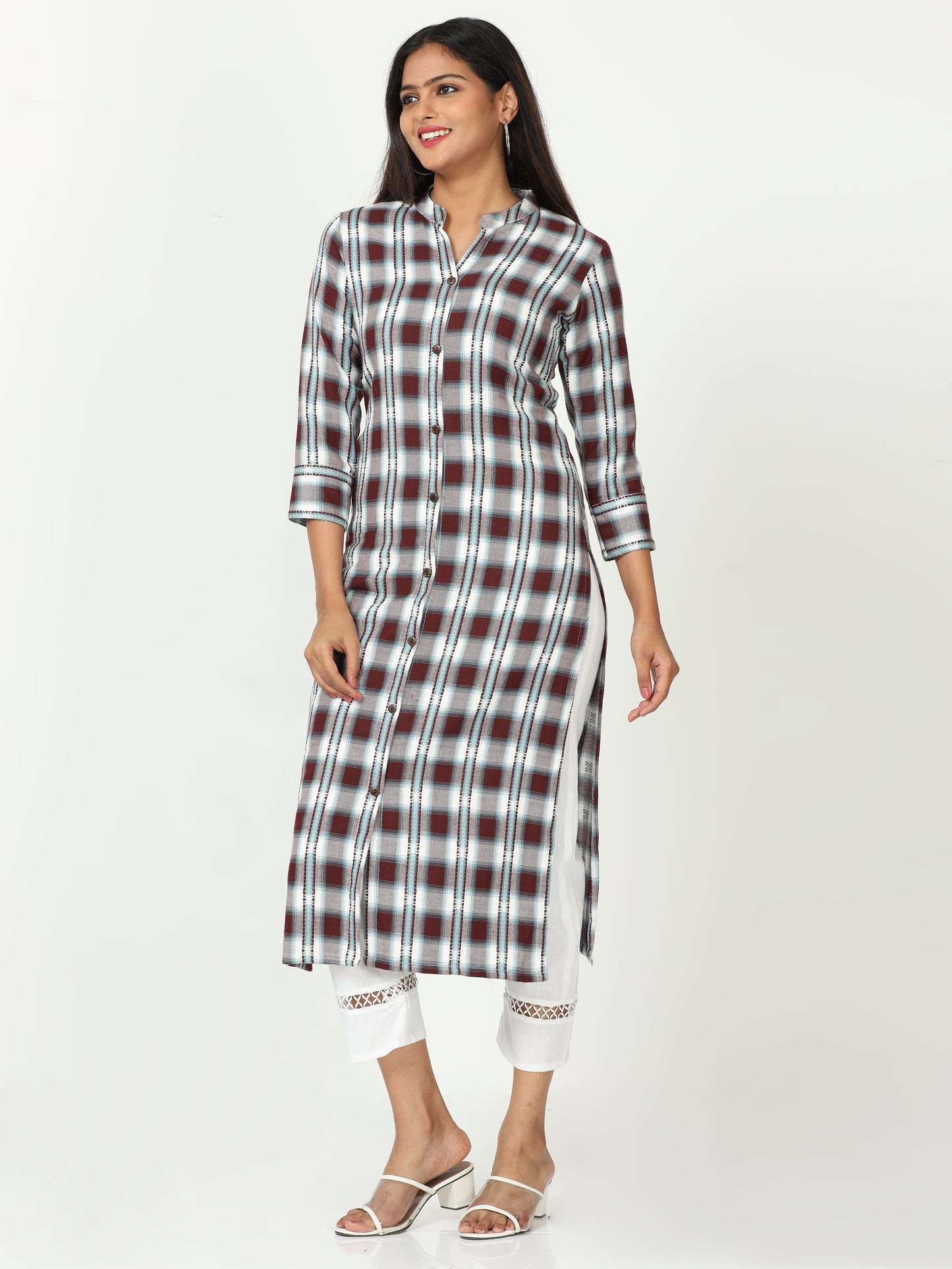 Cotton Woven Checks Long Kurta