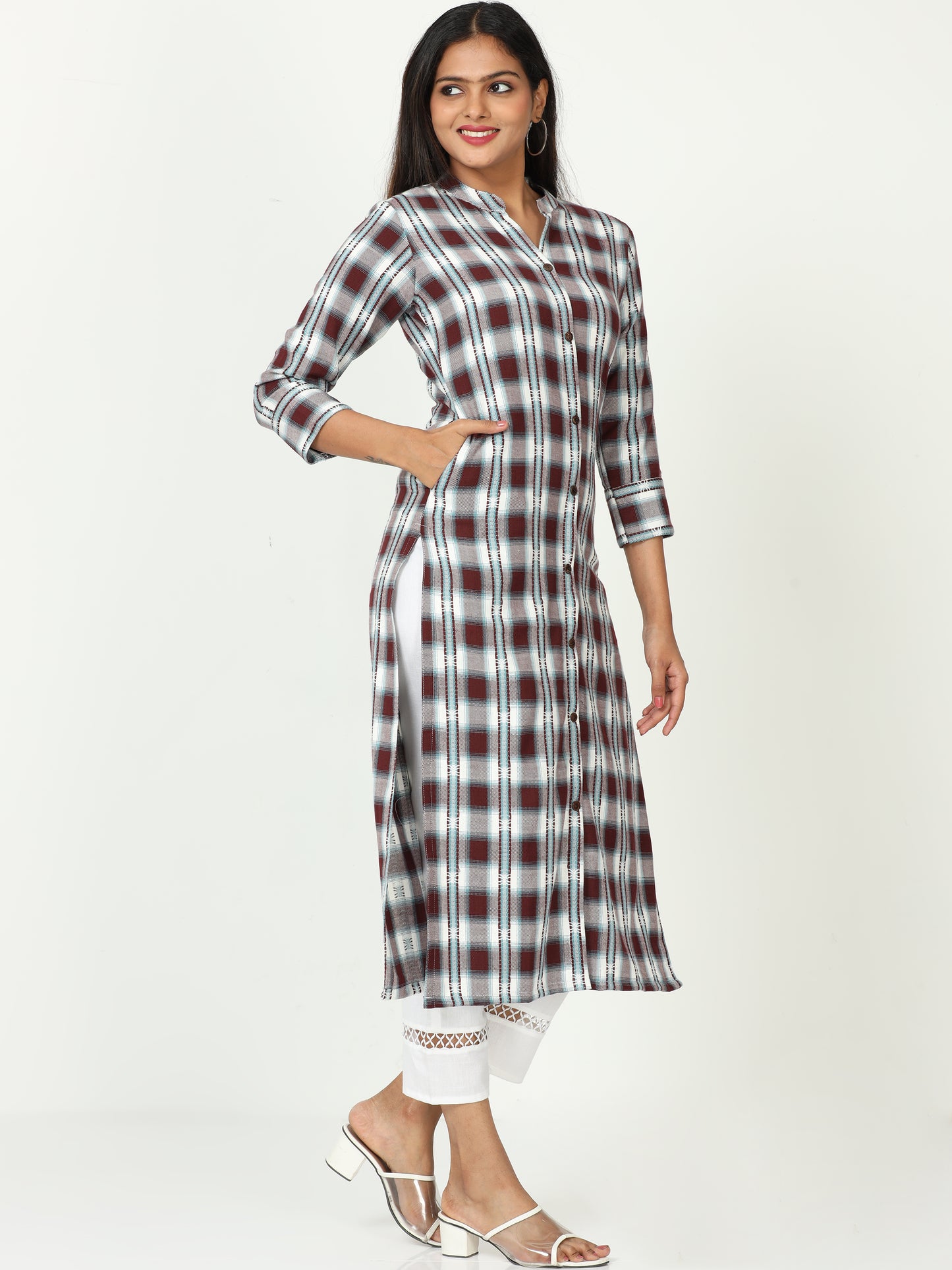 Cotton Woven Checks Long Kurta