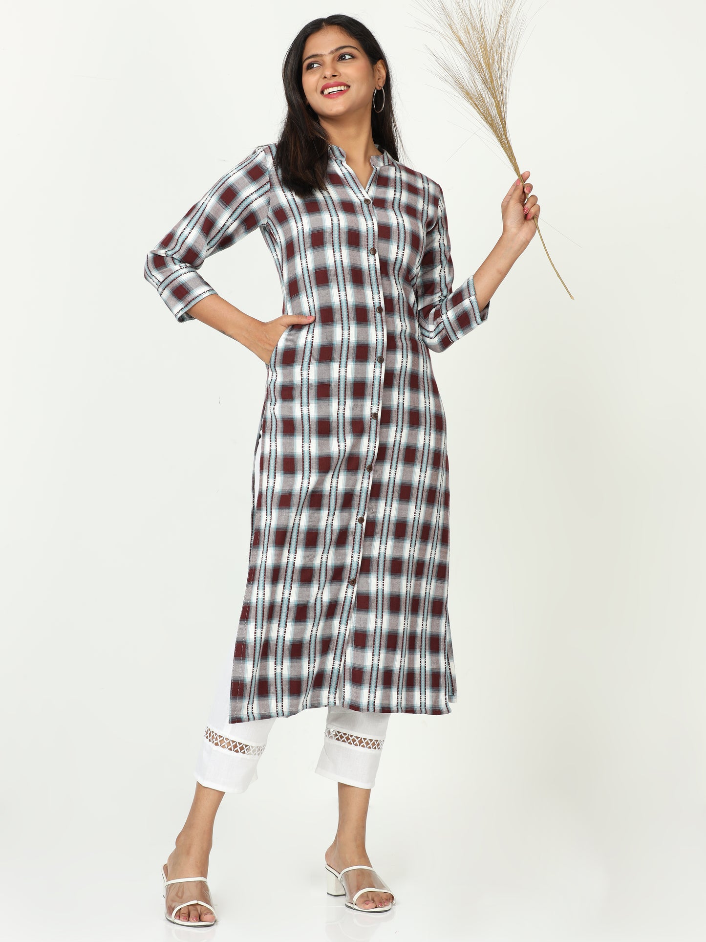 Cotton Woven Checks Long Kurta