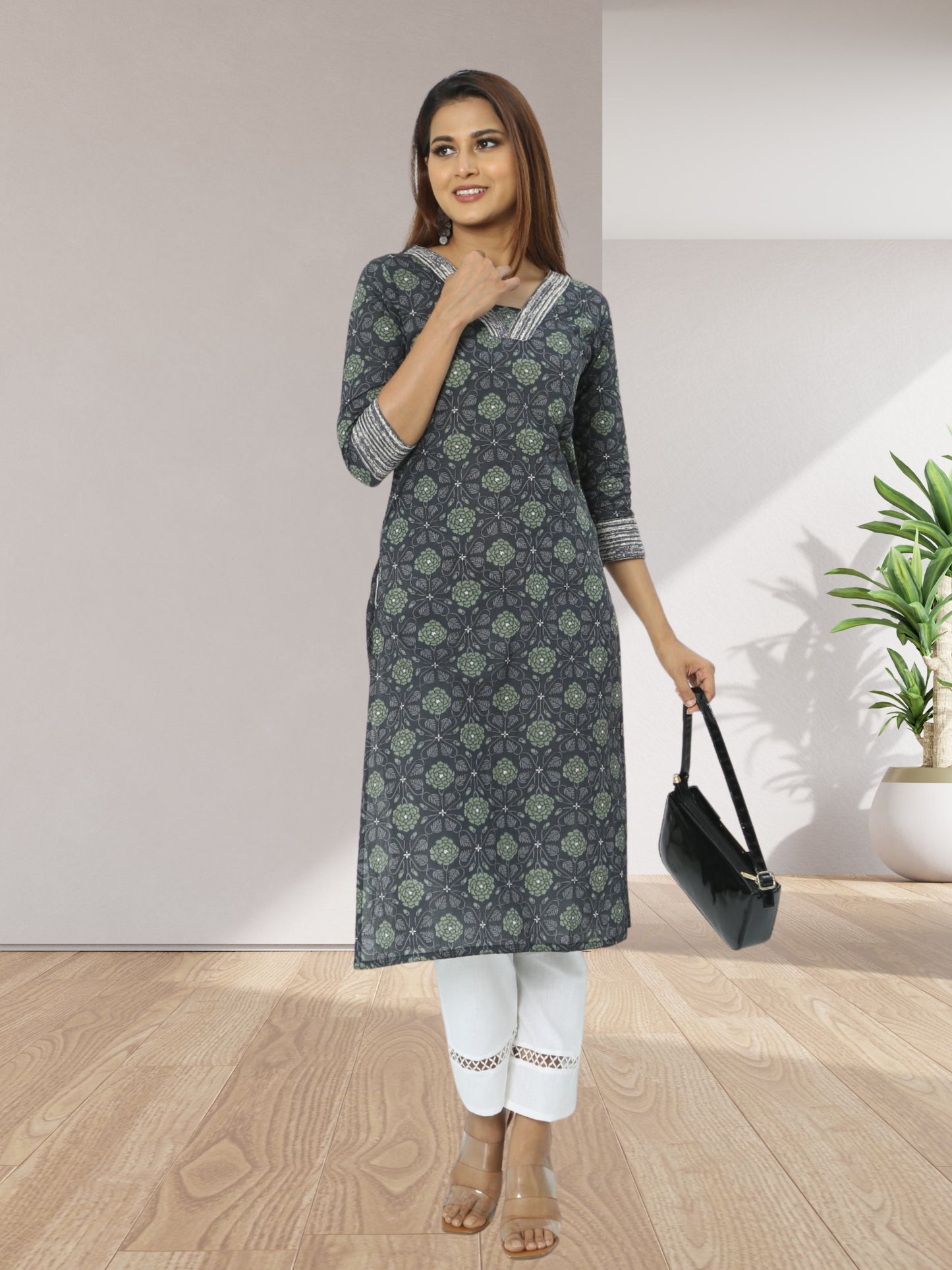 Cotton Grey Block Printed Long Kurta