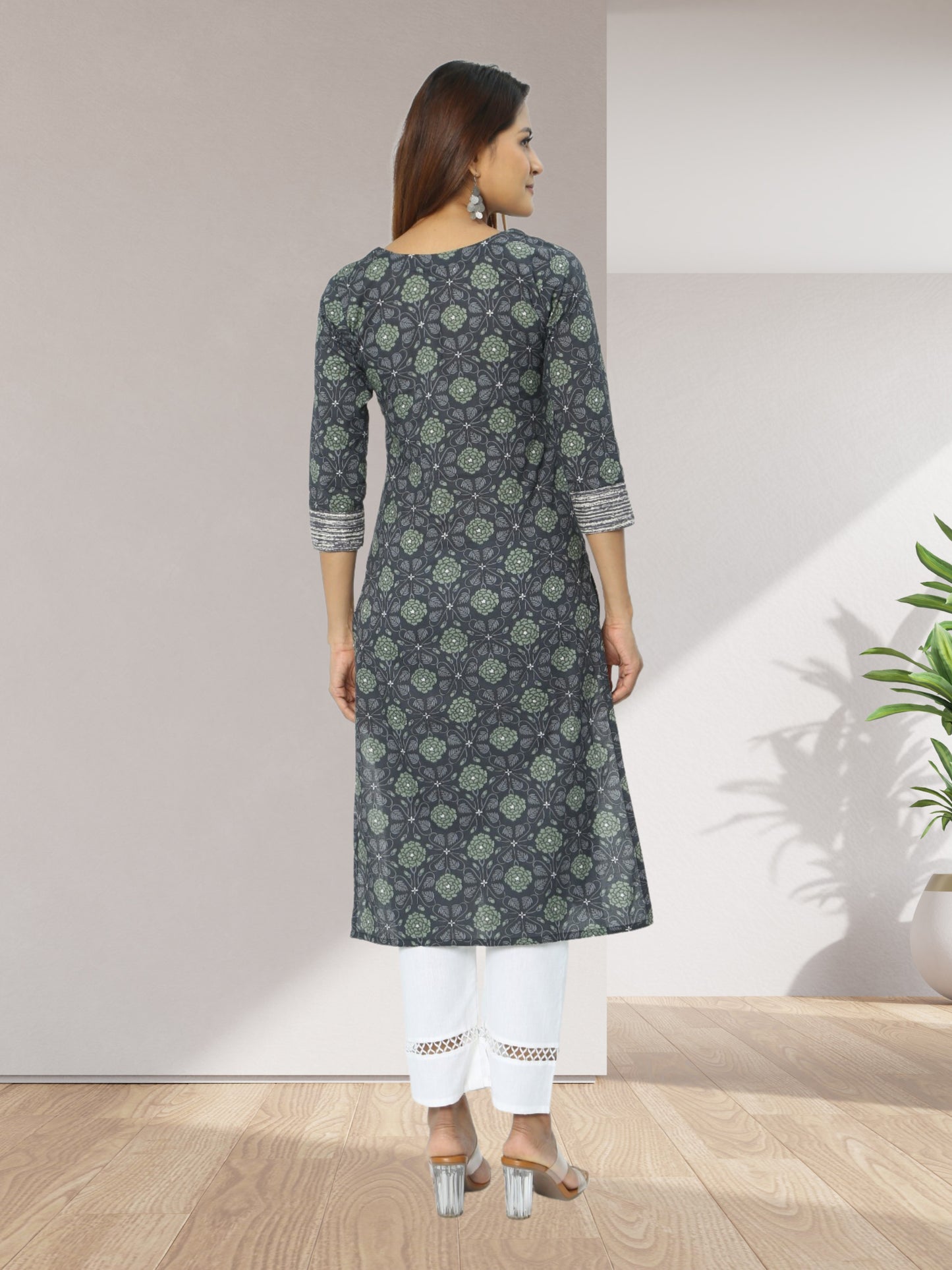 Cotton Grey Block Printed Long Kurta