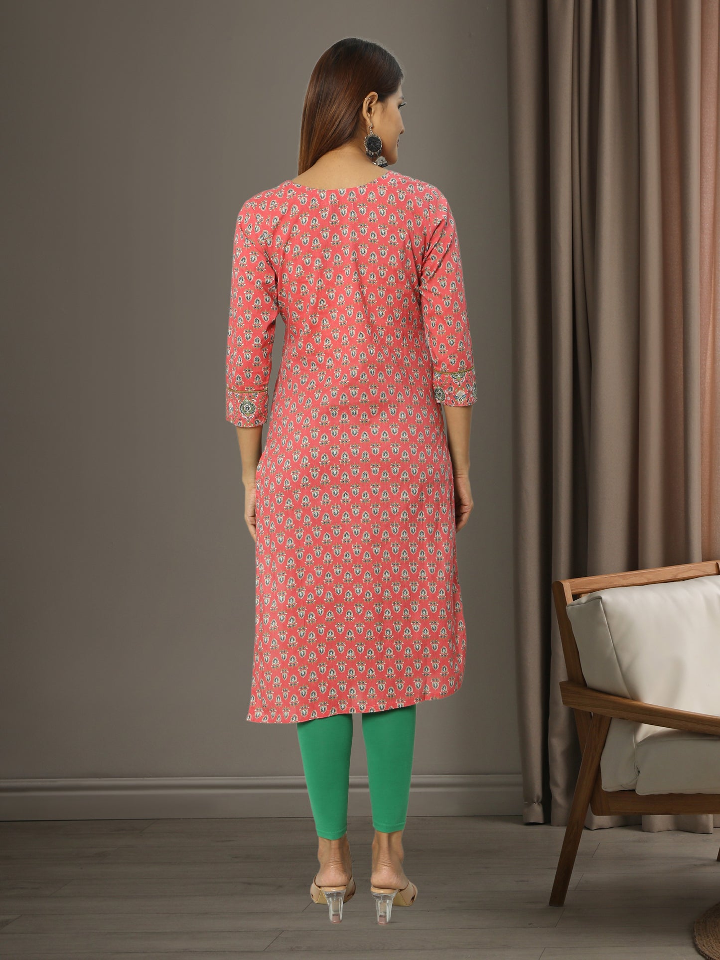 Cotton Peach Block Printed Long Kurta