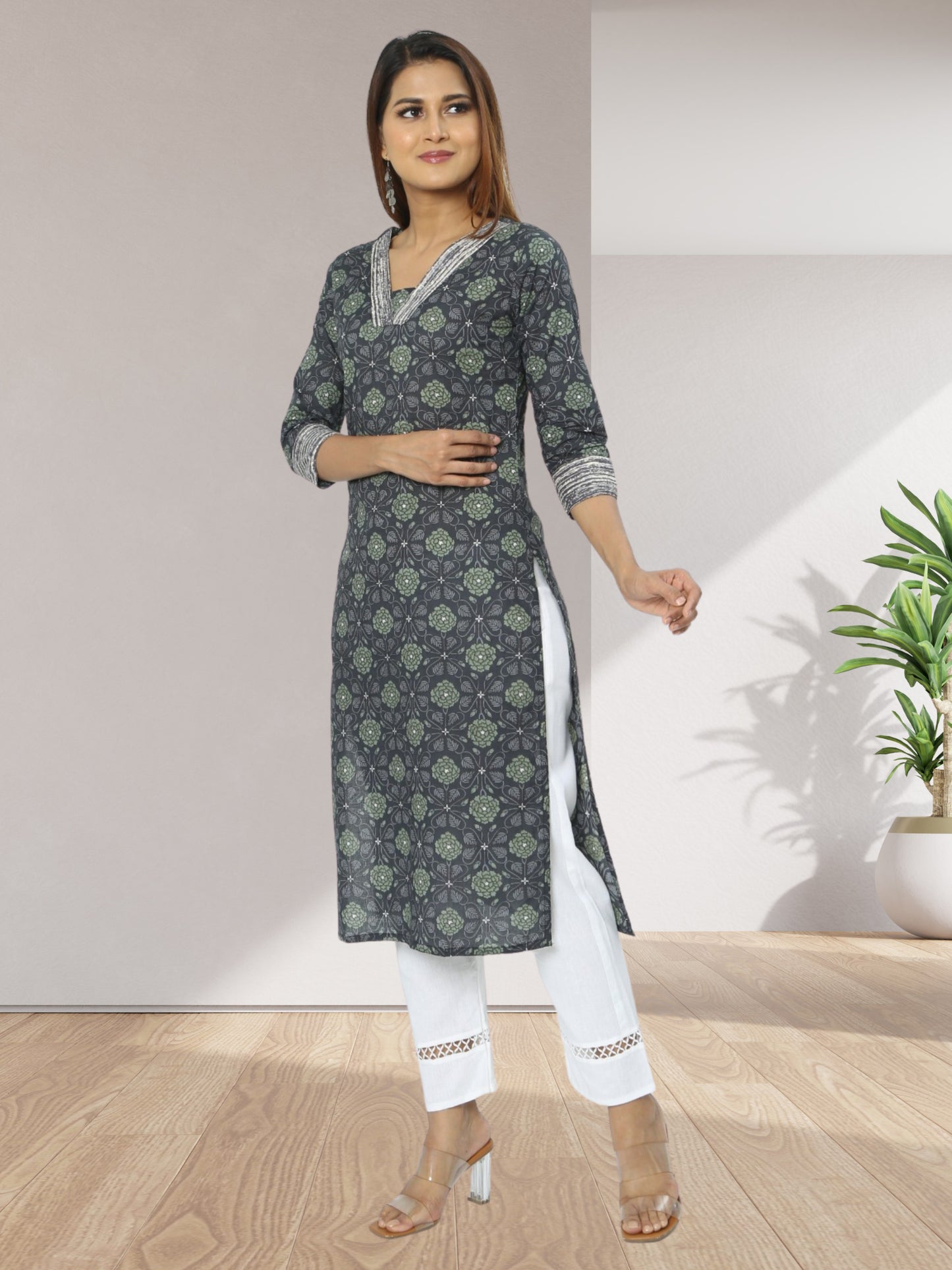 Cotton Grey Block Printed Long Kurta