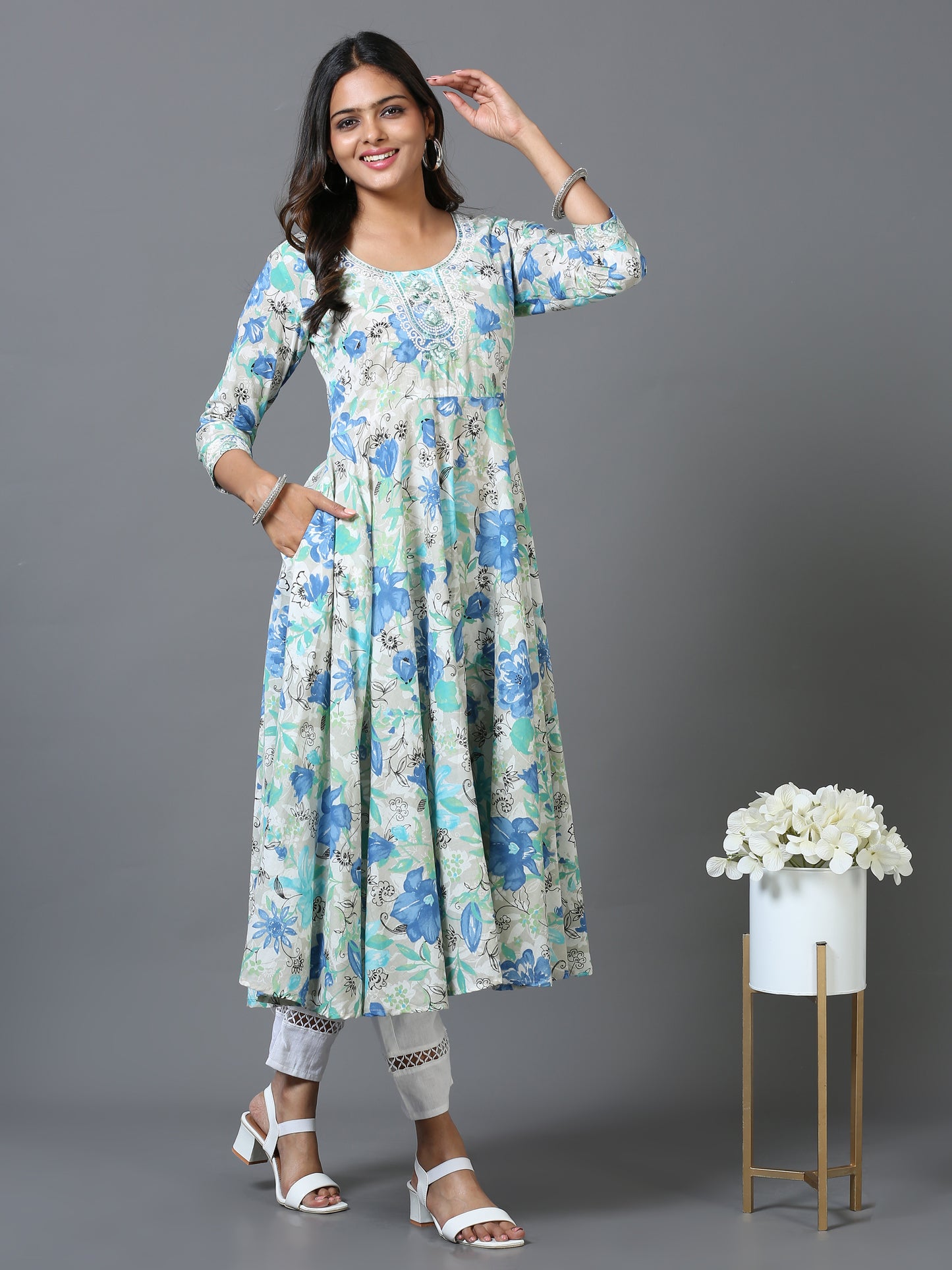 Cotton Embroidered Anarkali Flared Long Kurta