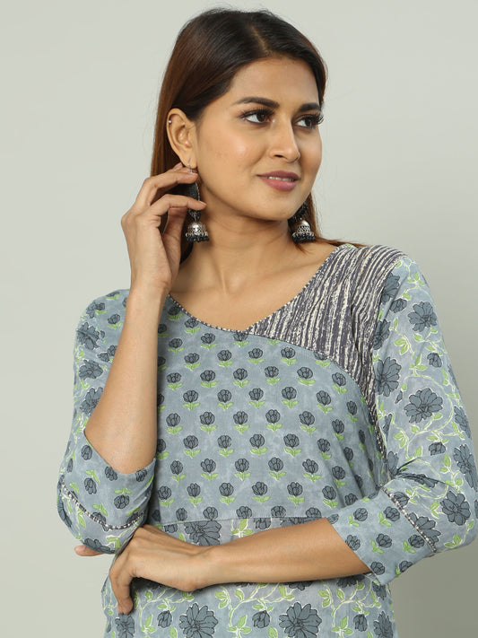 Cotton Ash Block Printed Long Kurta