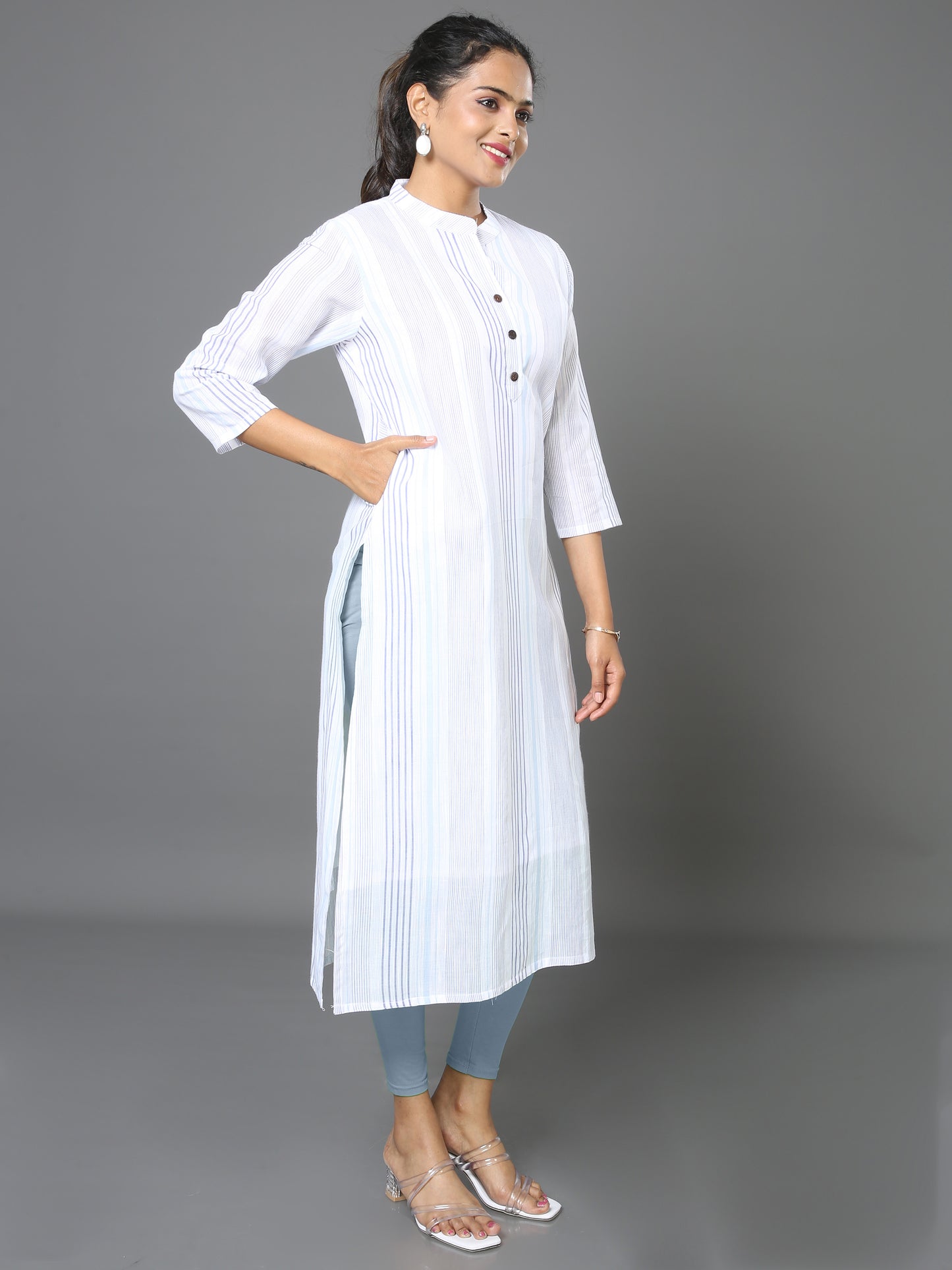 Cotton White Stripe Long Kurta
