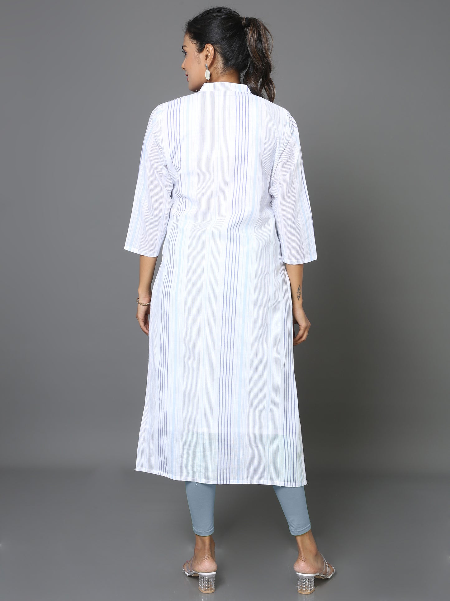 Cotton White Stripe Long Kurta
