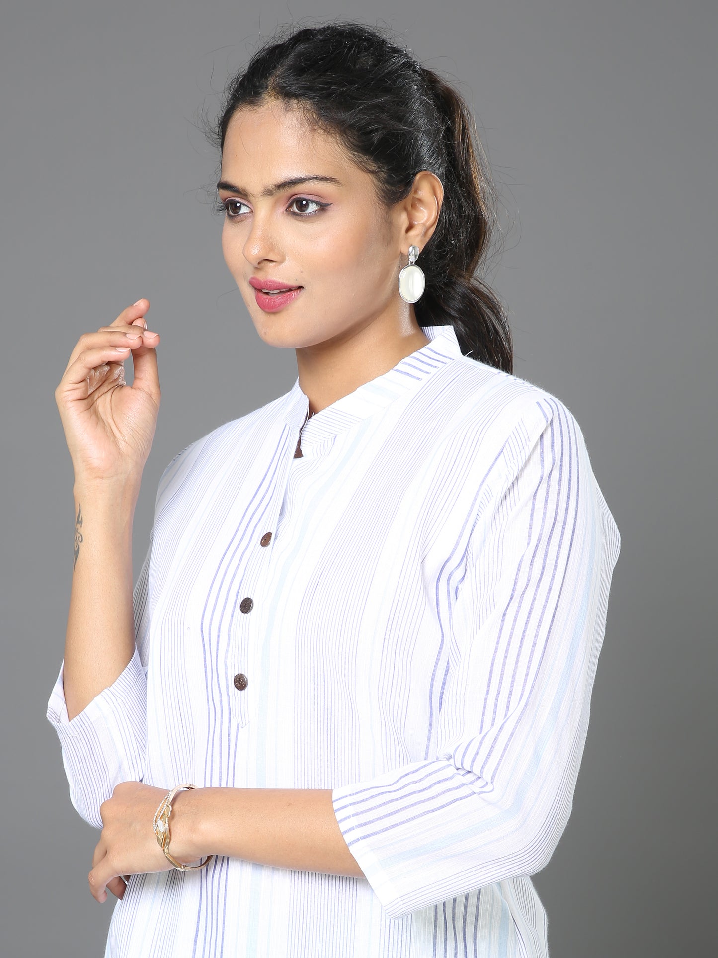 Cotton White Stripe Long Kurta