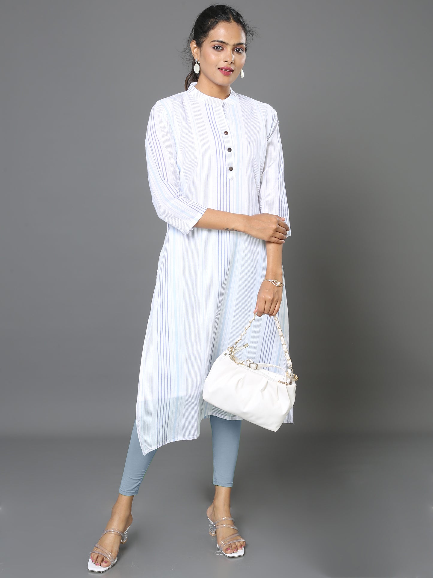 Cotton White Stripe Long Kurta