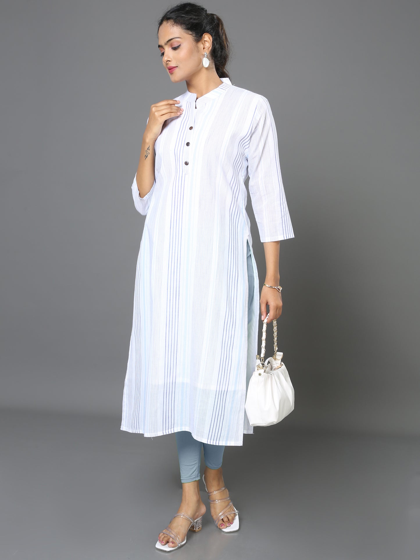 Cotton White Stripe Long Kurta