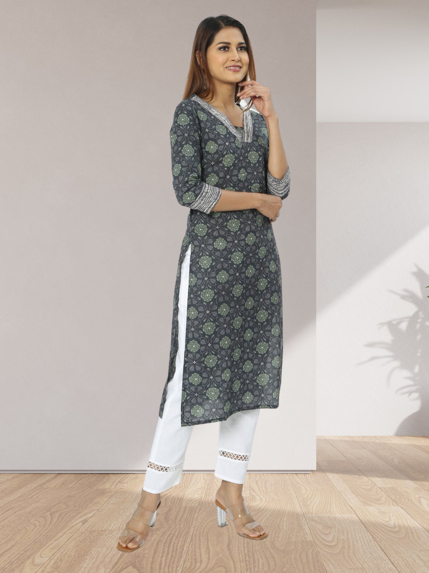 Cotton Grey Block Printed Long Kurta