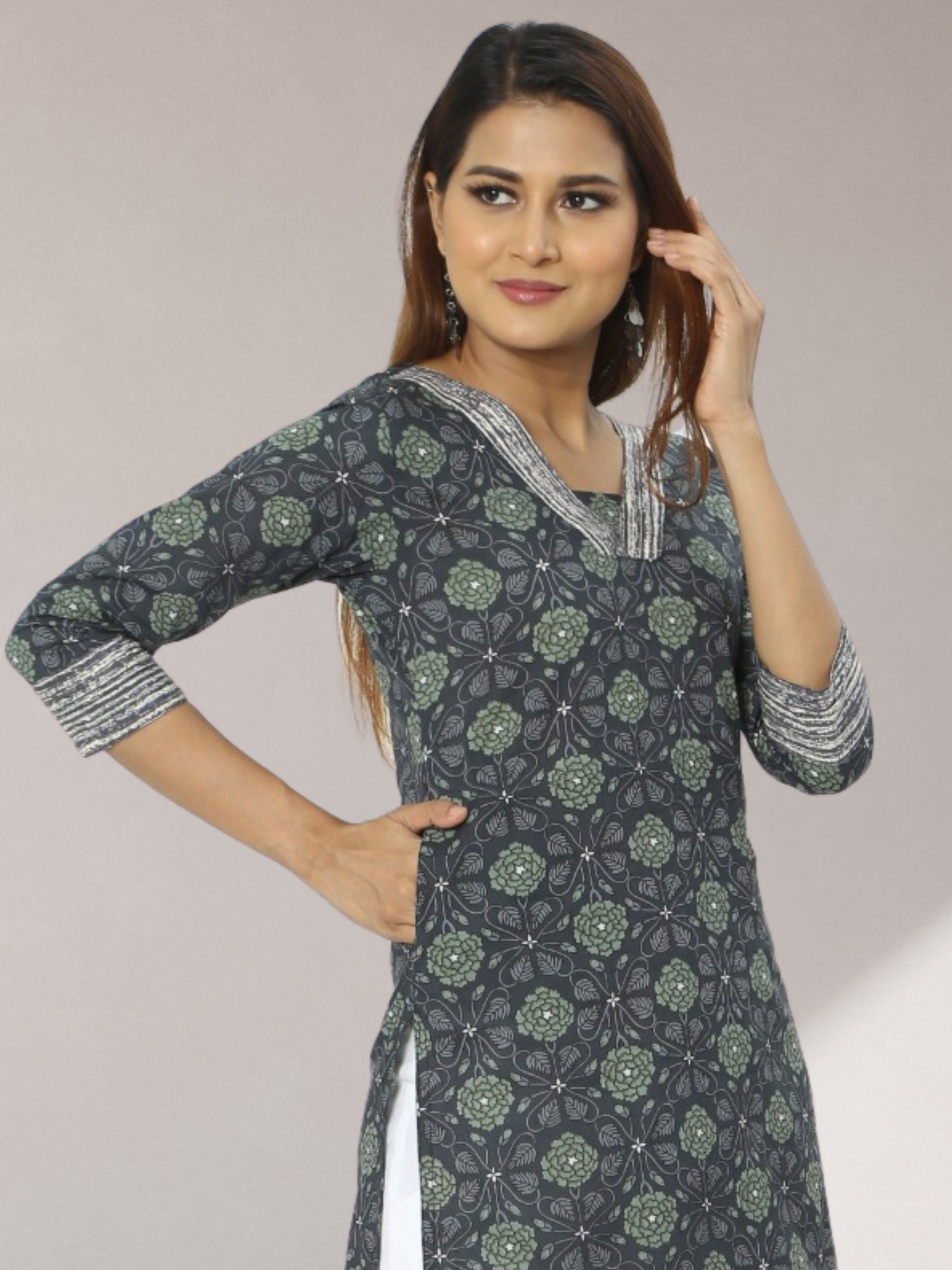 Cotton Grey Block Printed Long Kurta