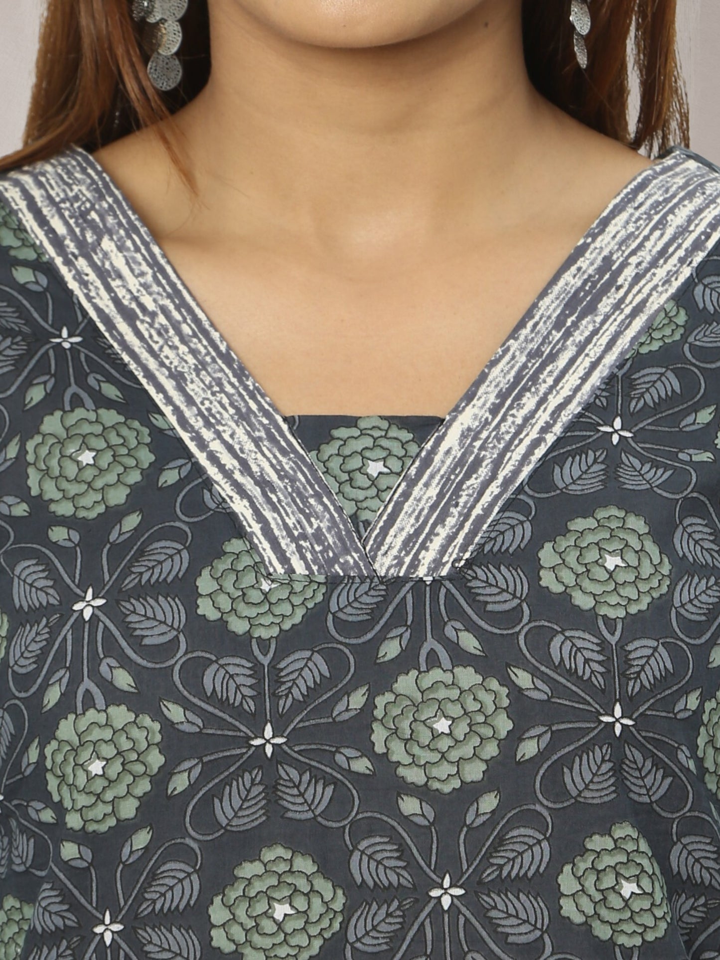 Cotton Grey Block Printed Long Kurta