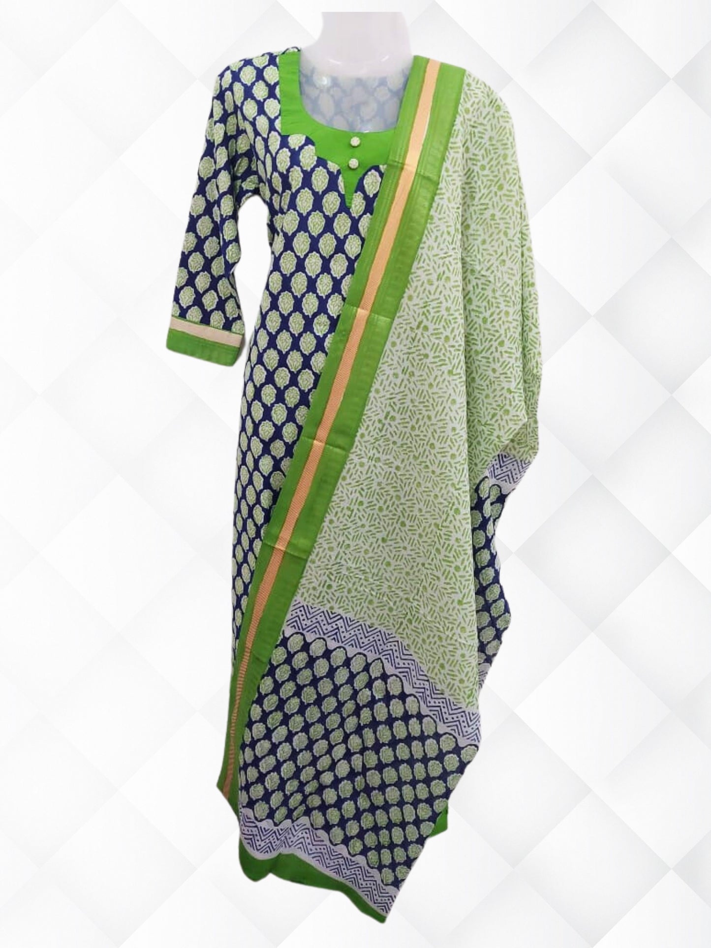 Cotton Block Printed Resham Border Suit Set