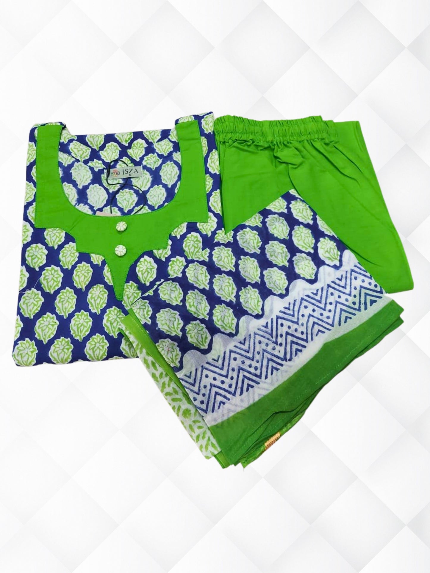 Cotton Block Printed Resham Border Suit Set