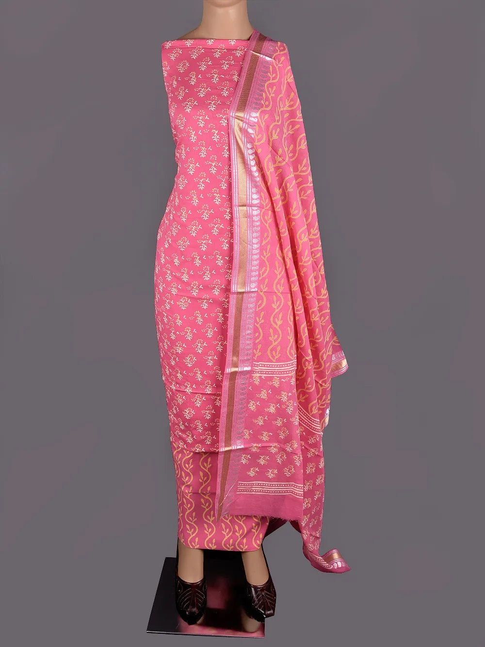 Cotton Block Printed Resham Border Suit Set