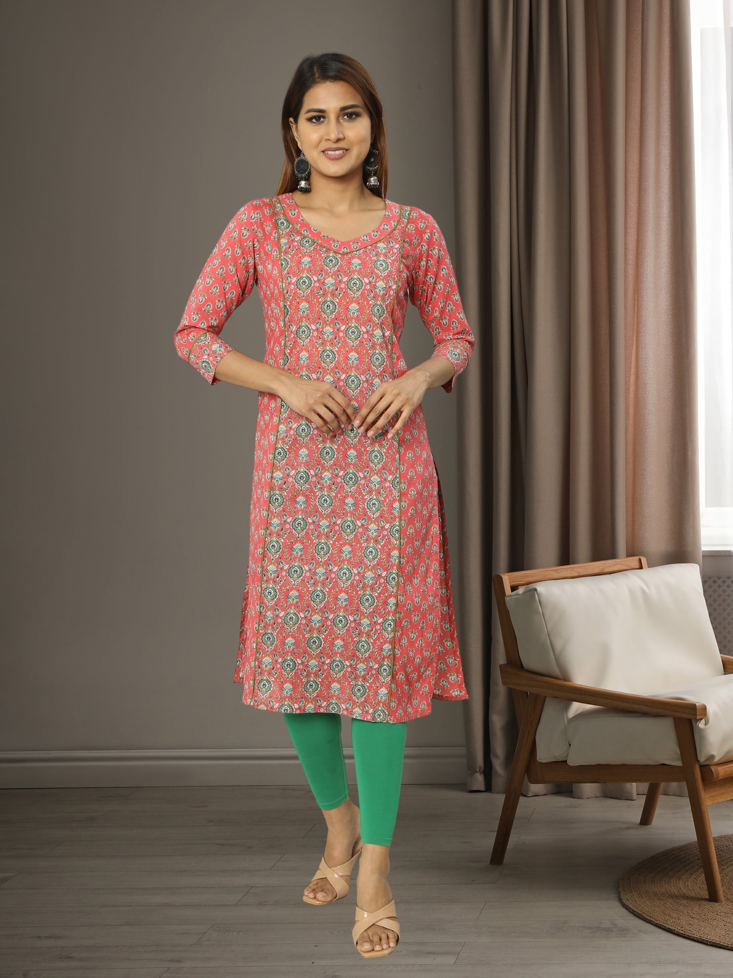 Cotton Peach Block Printed Long Kurta