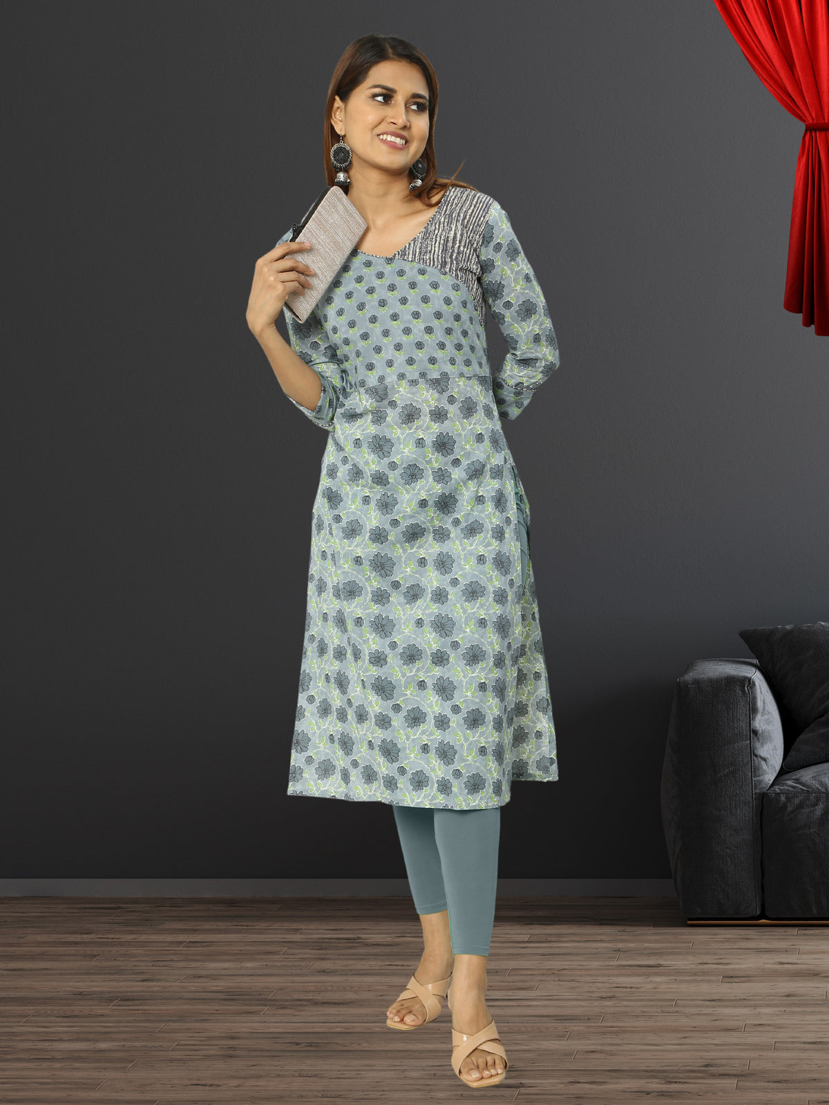 Cotton Ash Block Printed Long Kurta
