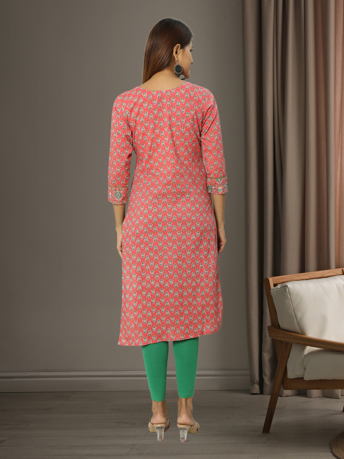 Cotton Peach Block Printed Long Kurta
