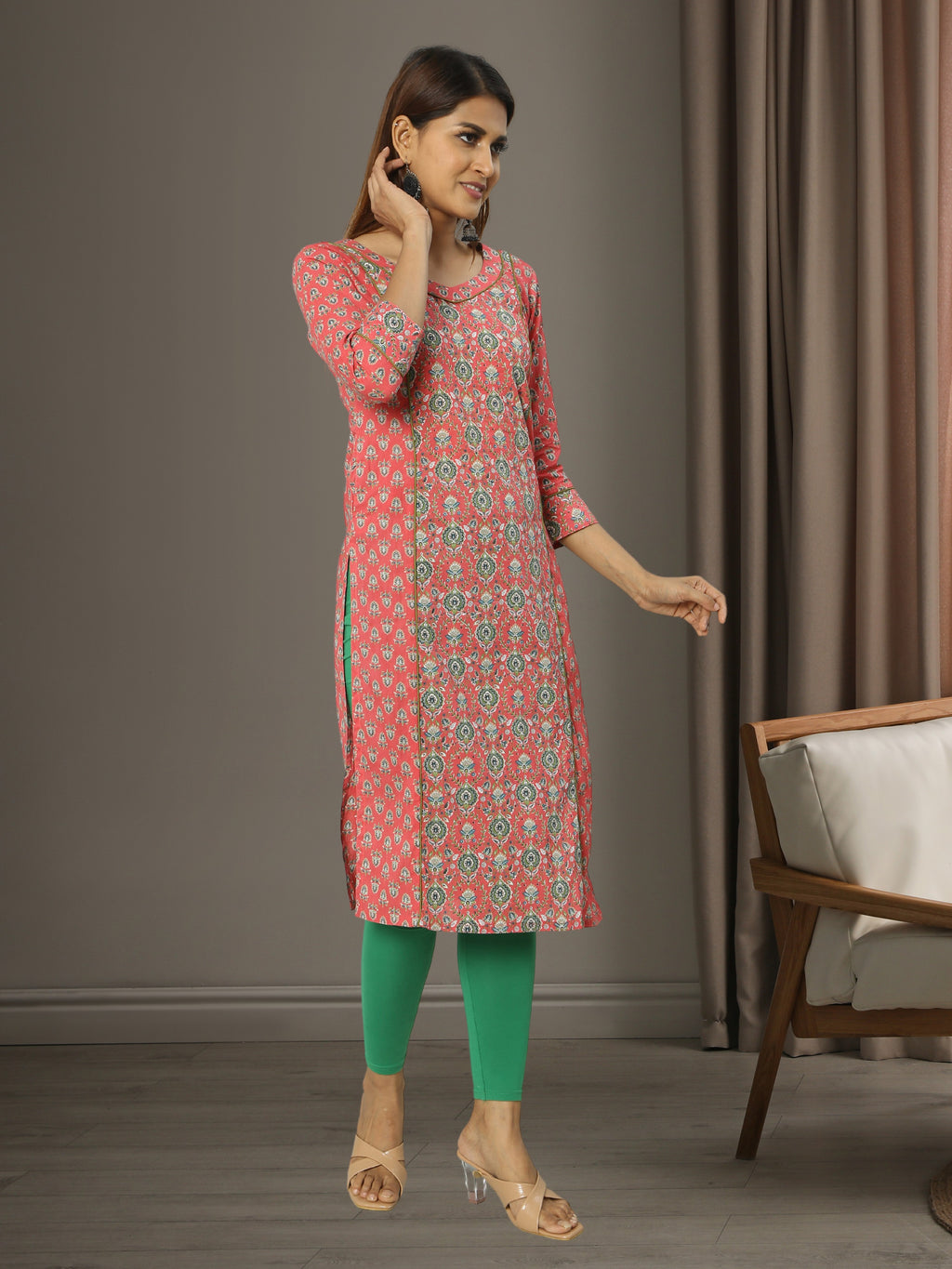 Cotton Peach Block Printed Long Kurta