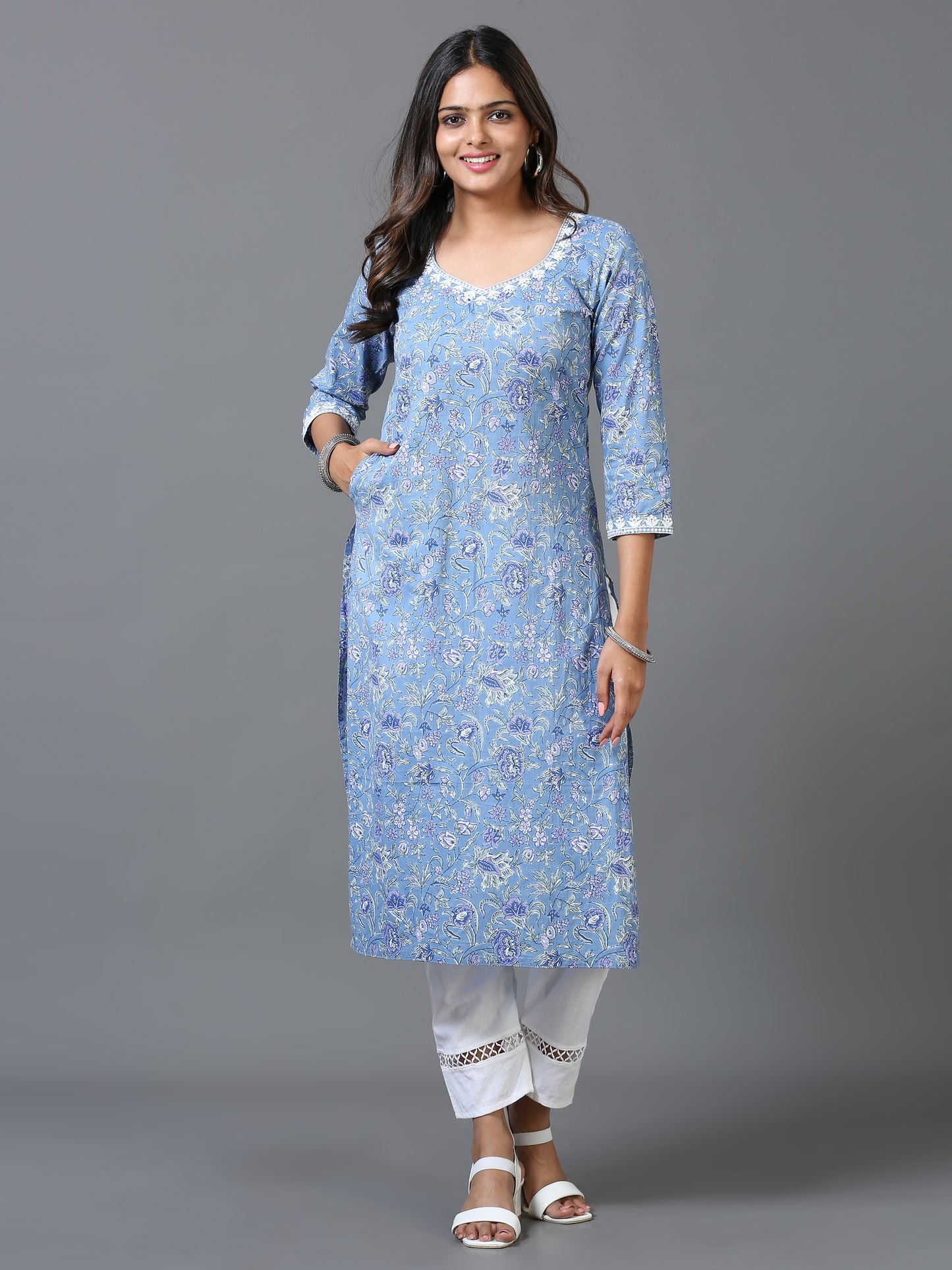 Cotton Embroidered Block Printed Long Kurta