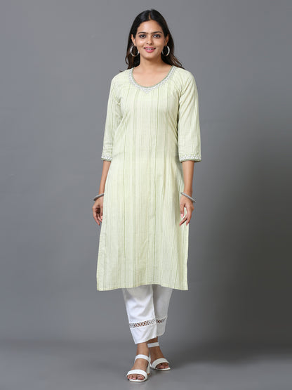 Cotton Embroidered Stripe Printed Long Kurta