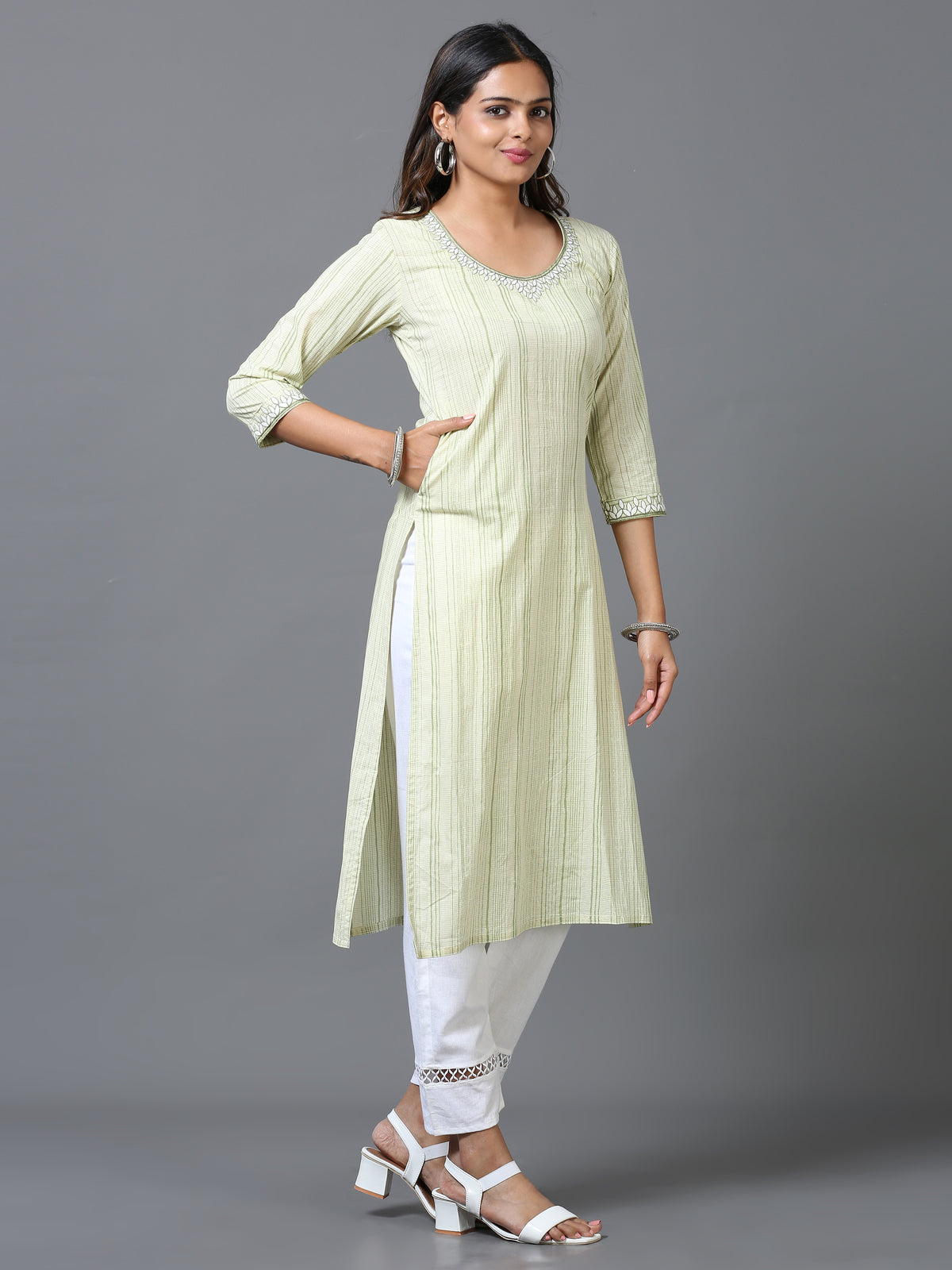 Cotton Embroidered Stripe Printed Long Kurta