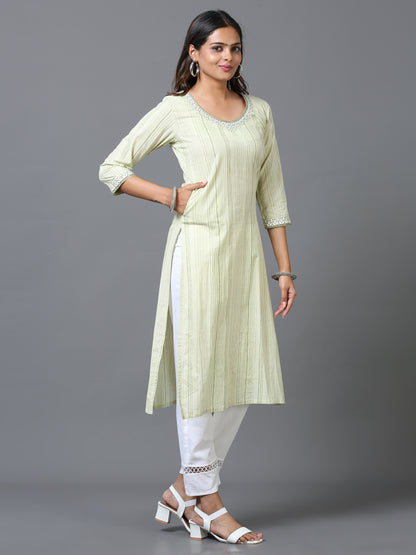 Cotton Embroidered Stripe Printed Long Kurta