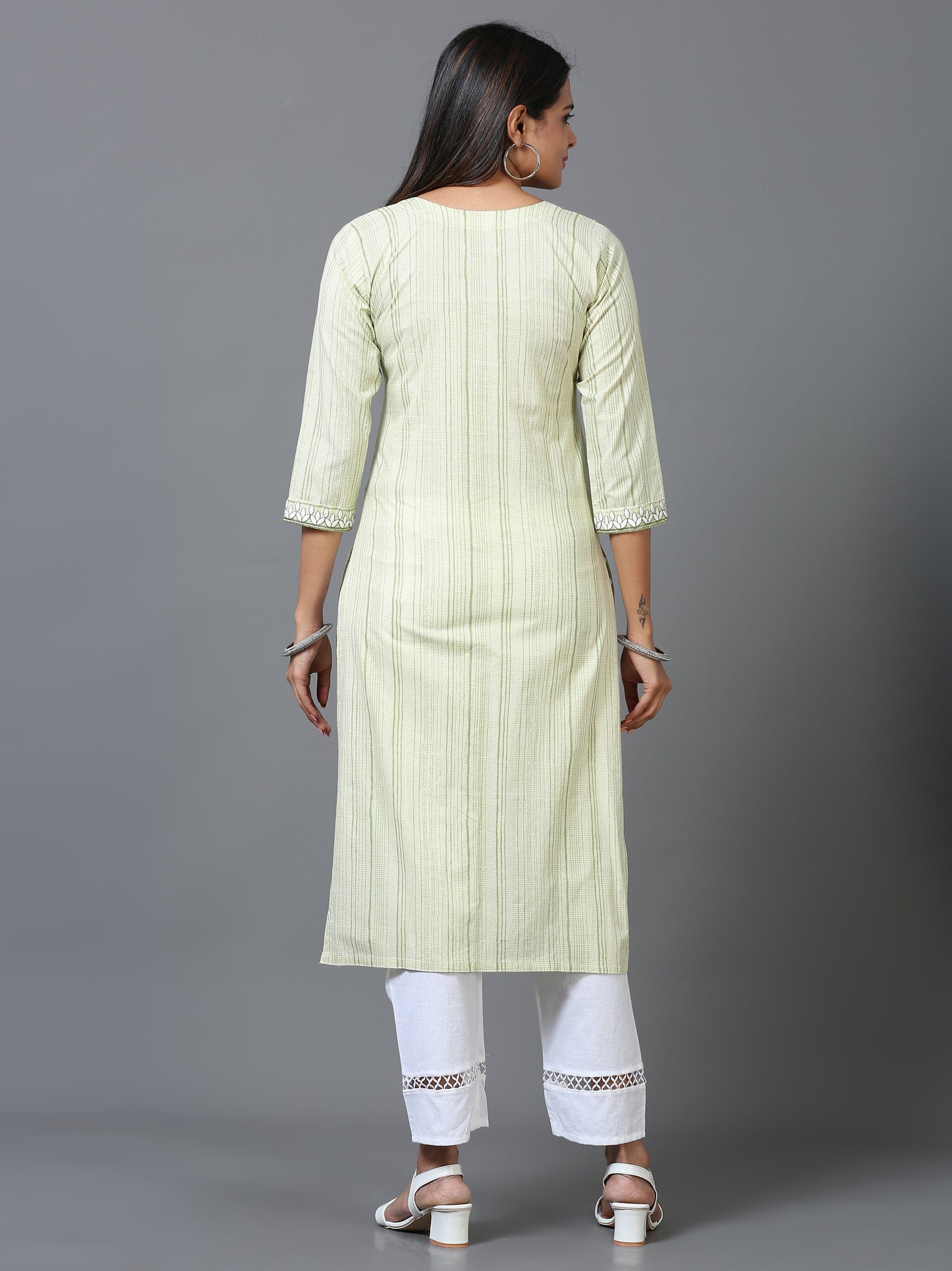 Cotton Embroidered Stripe Printed Long Kurta