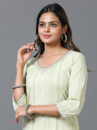 Cotton Embroidered Stripe Printed Long Kurta