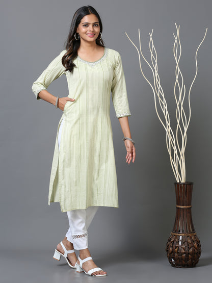 Cotton Embroidered Stripe Printed Long Kurta