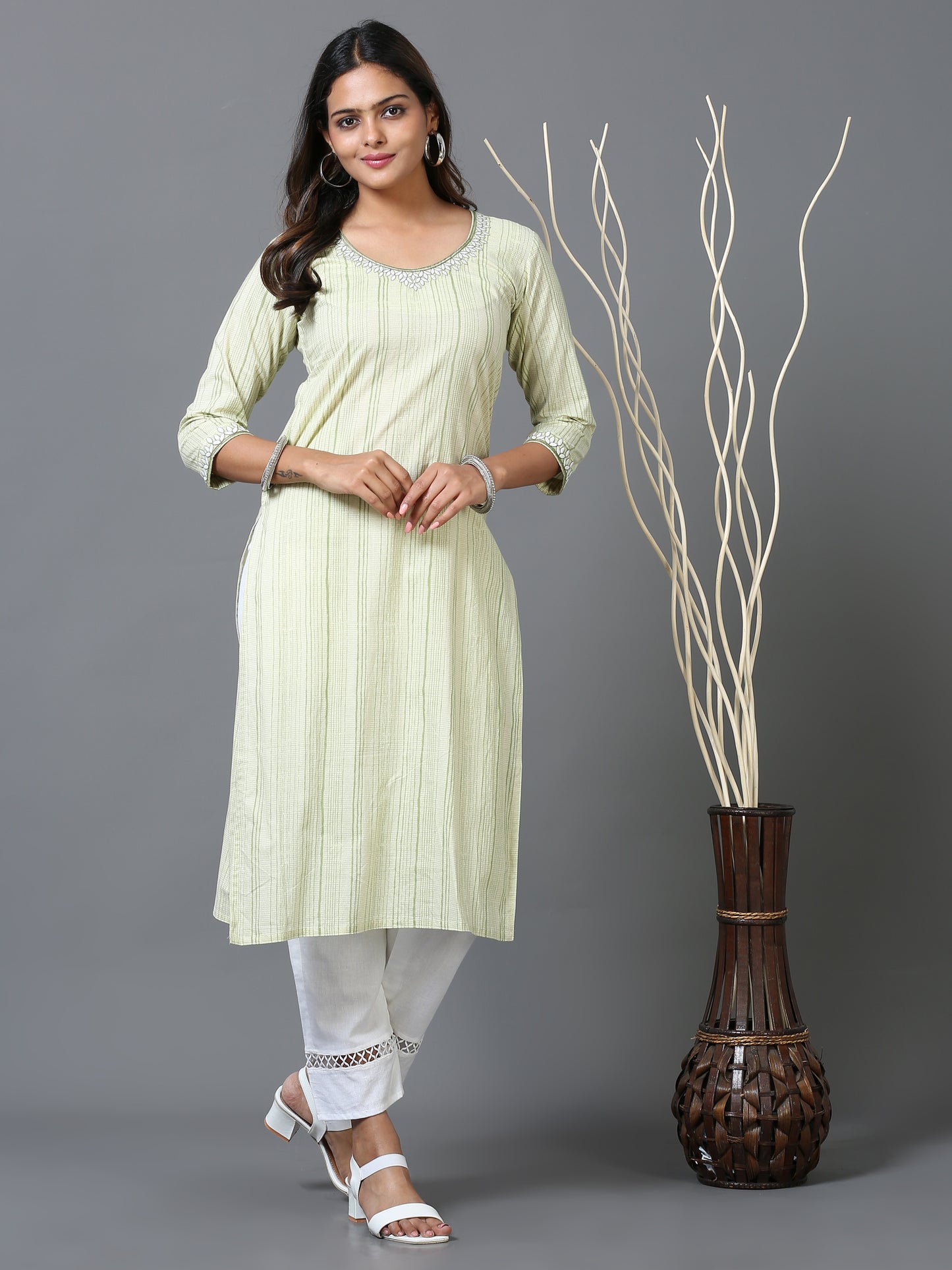 Cotton Embroidered Stripe Printed Long Kurta