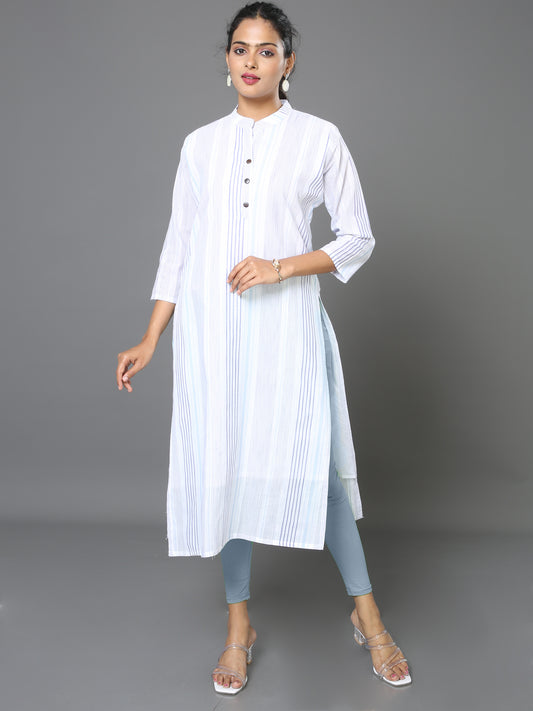 Cotton White Stripe Long Kurta