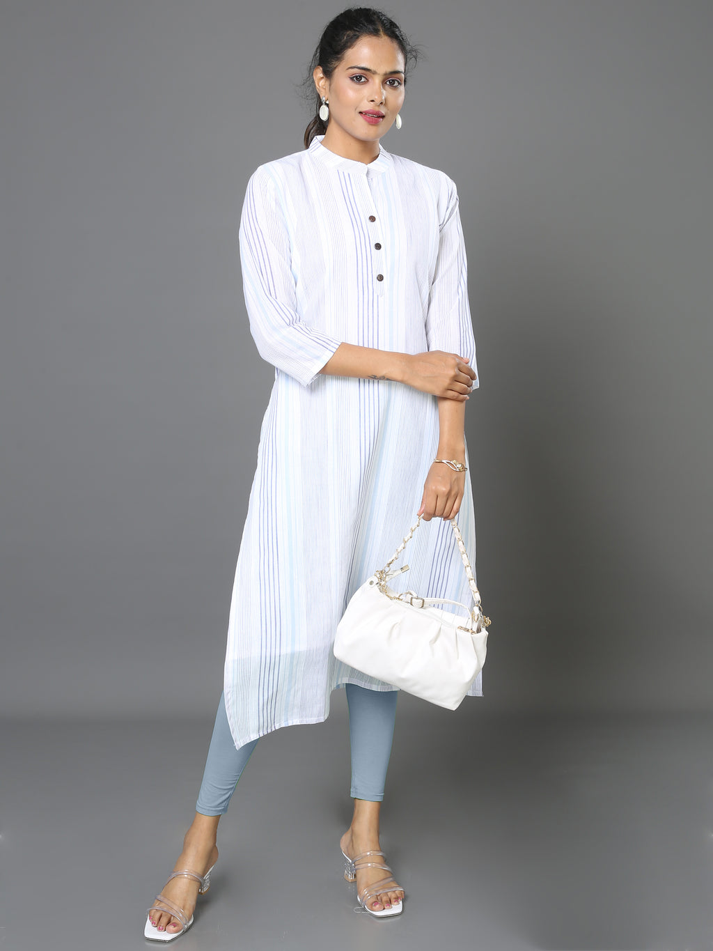 Cotton White Stripe Long Kurta