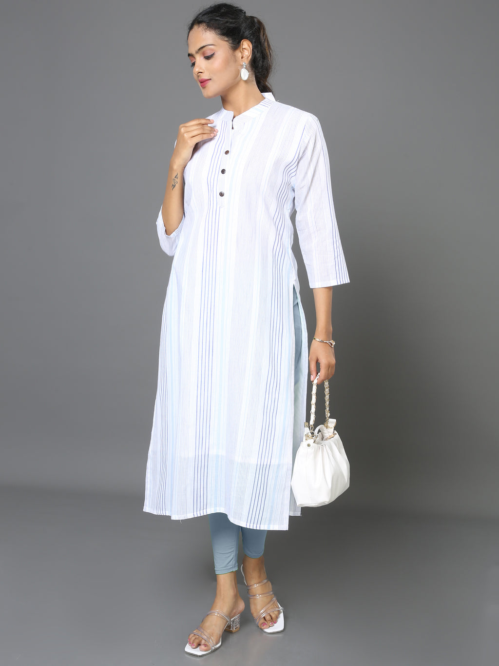 Cotton White Stripe Long Kurta