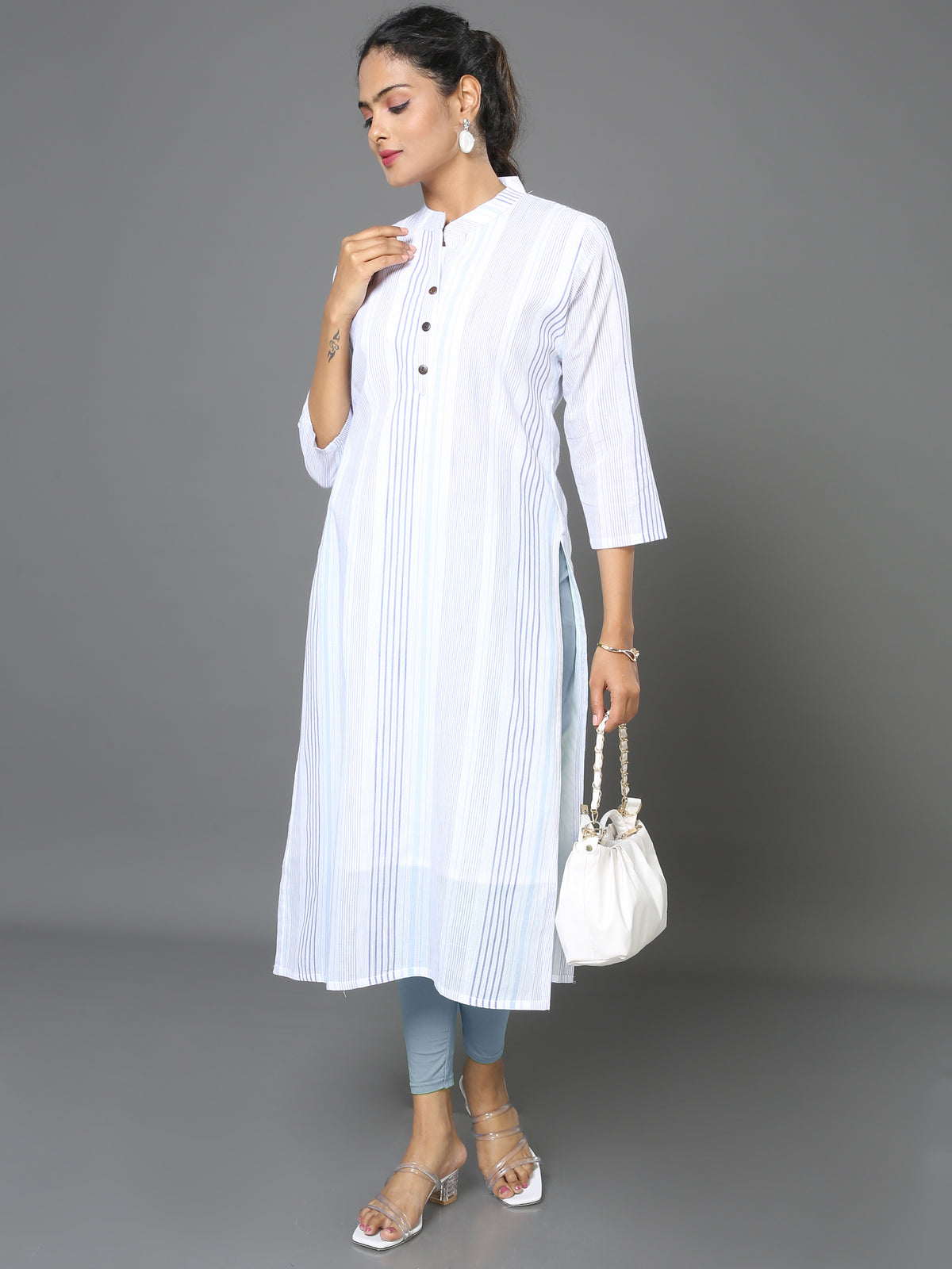 Cotton White Stripe Long Kurta