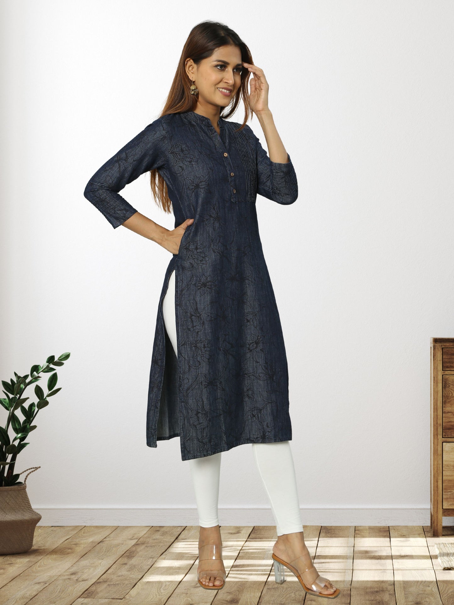 Cotton Denim Printed Long Kurta