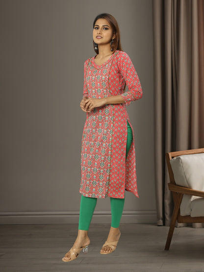 Cotton Peach Block Printed Long Kurta