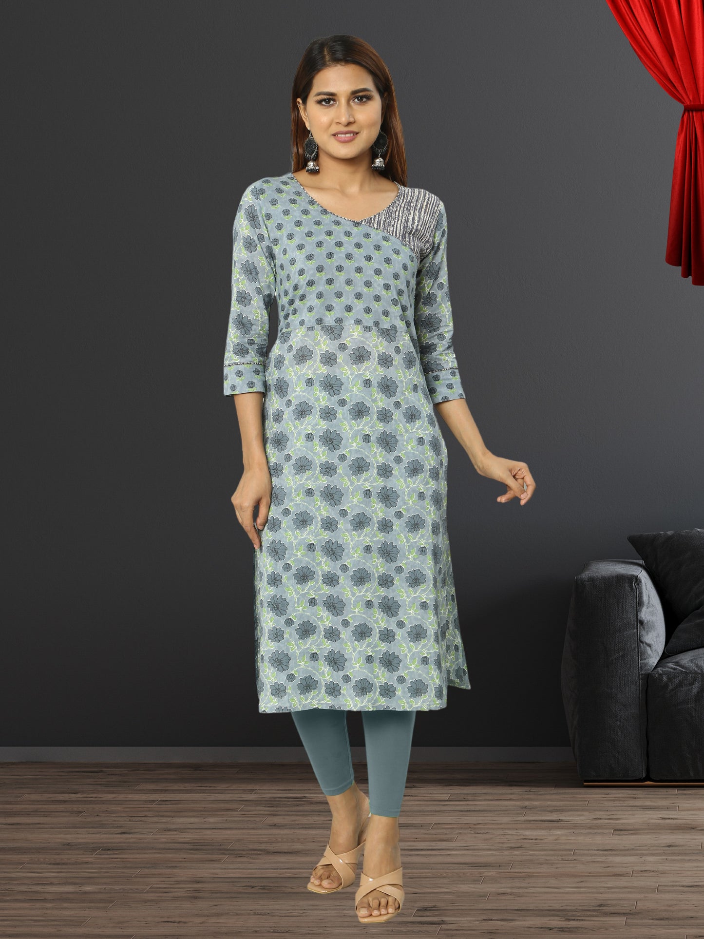 Cotton Ash Block Printed Long Kurta