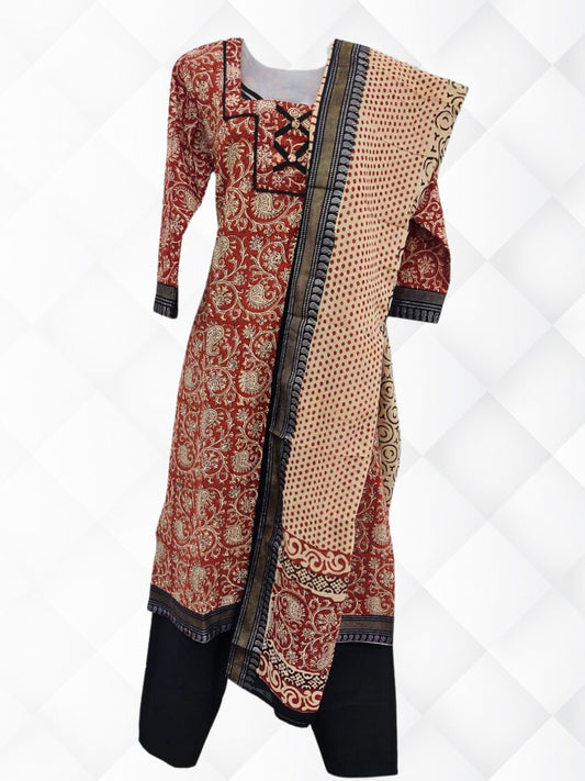 Cotton Kalamkari Printed Resham Border Suit Set