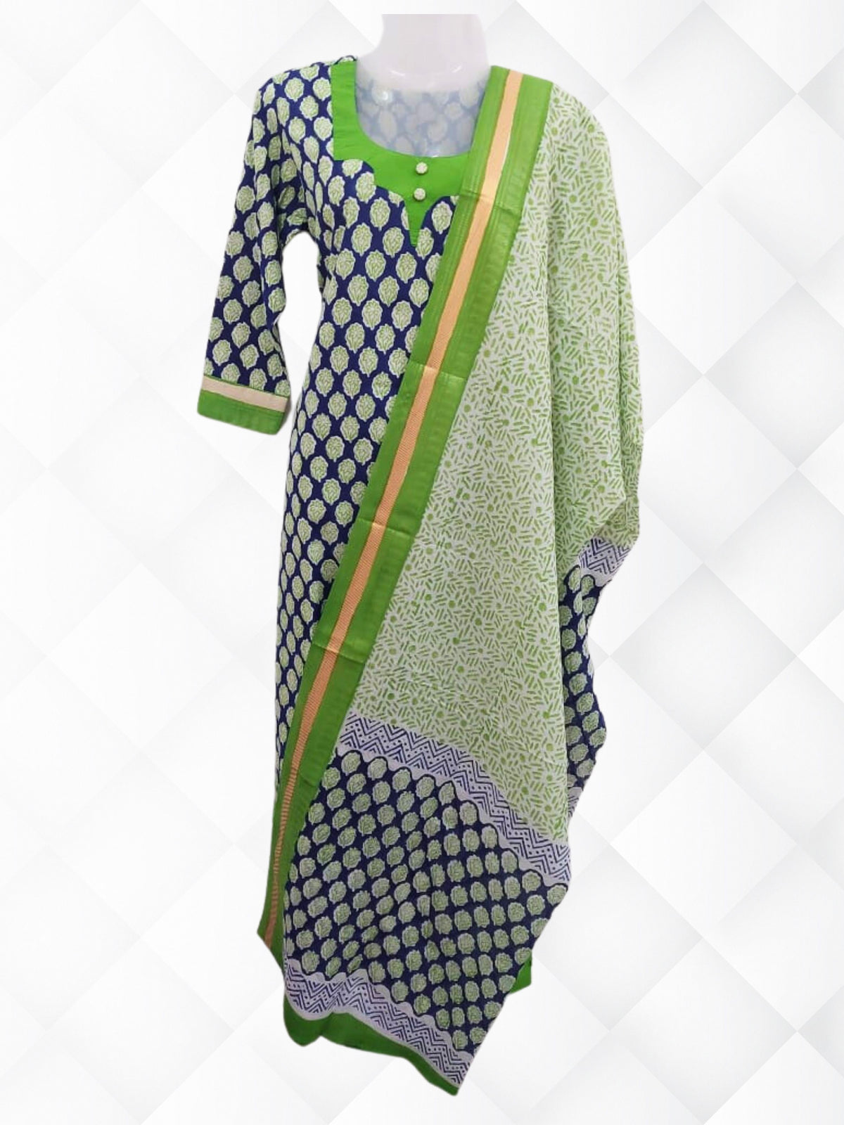 Cotton Block Printed Resham Border Suit Set
