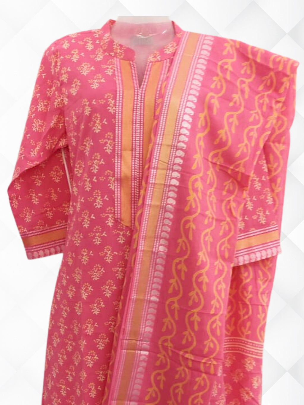 Cotton Block Printed Resham Border Suit Set
