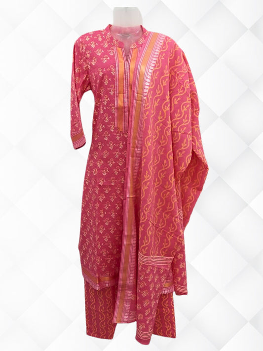 Cotton Block Printed Resham Border Suit Set