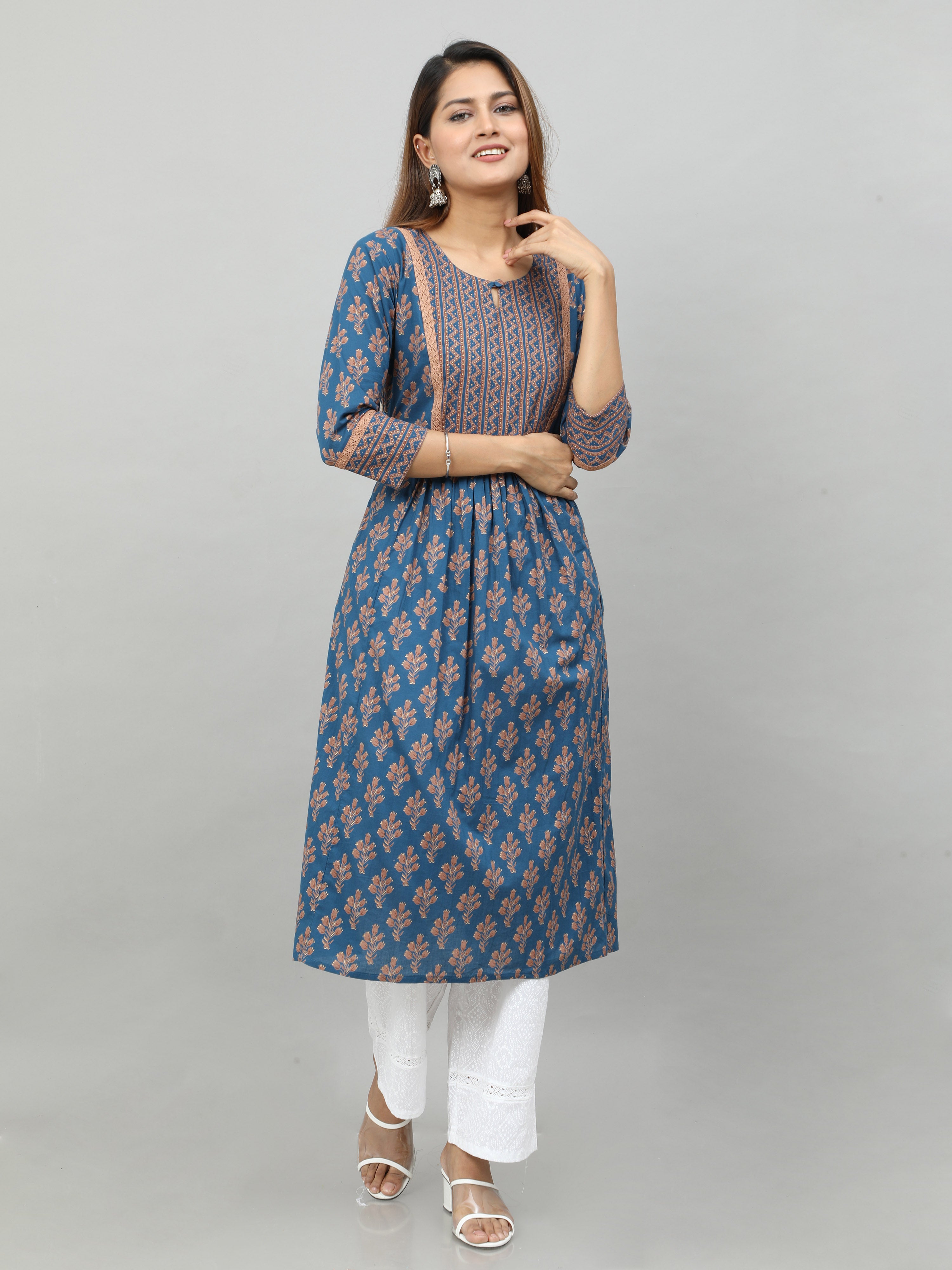 Pure Cotton Blue and White Hand Block Print Floral Print Kurti for women -  Bella Pinks - 4187645