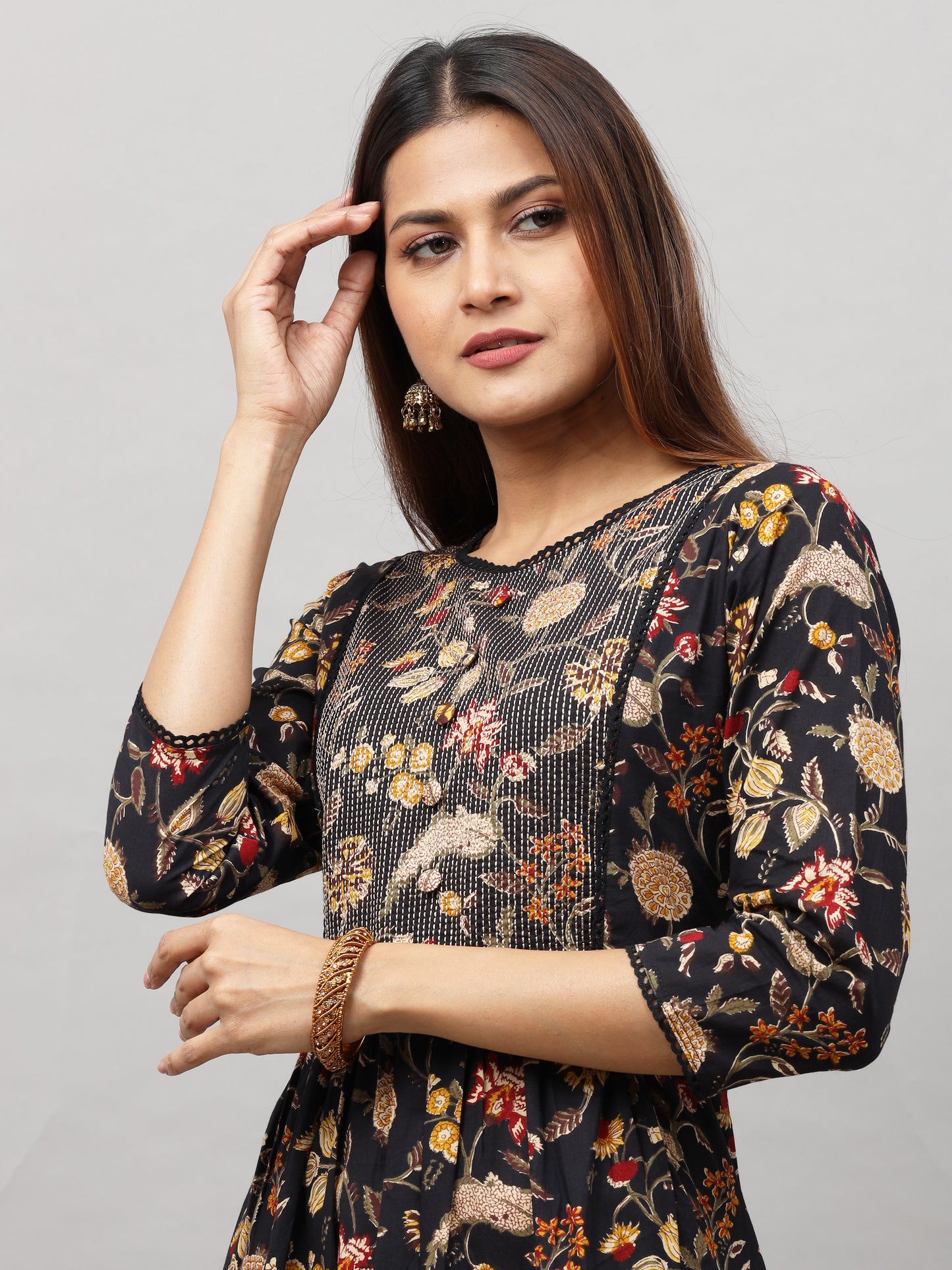 Cotton Block Printed Embroidered Long Kurta